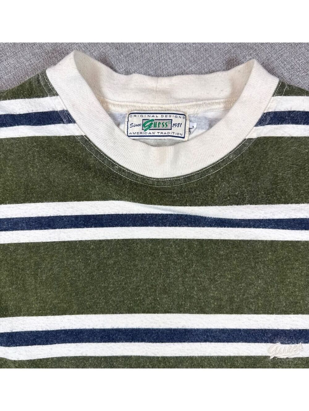 Vintage Guess Striped Crewneck Sweatshirt Olive Green Navy White